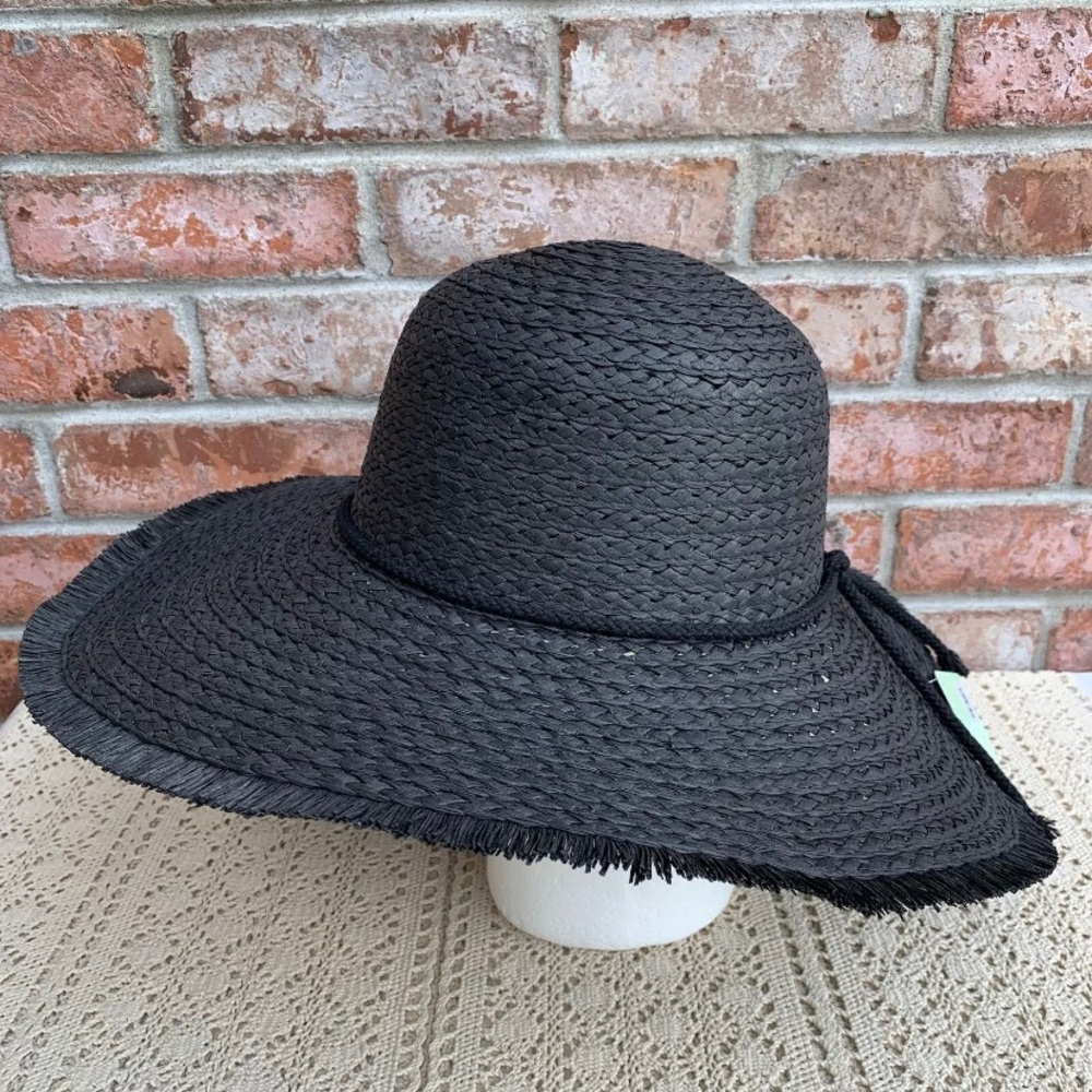 The Spring Shop Woven Paper Straw Raffia Floppy  Black Sun Beach Hat